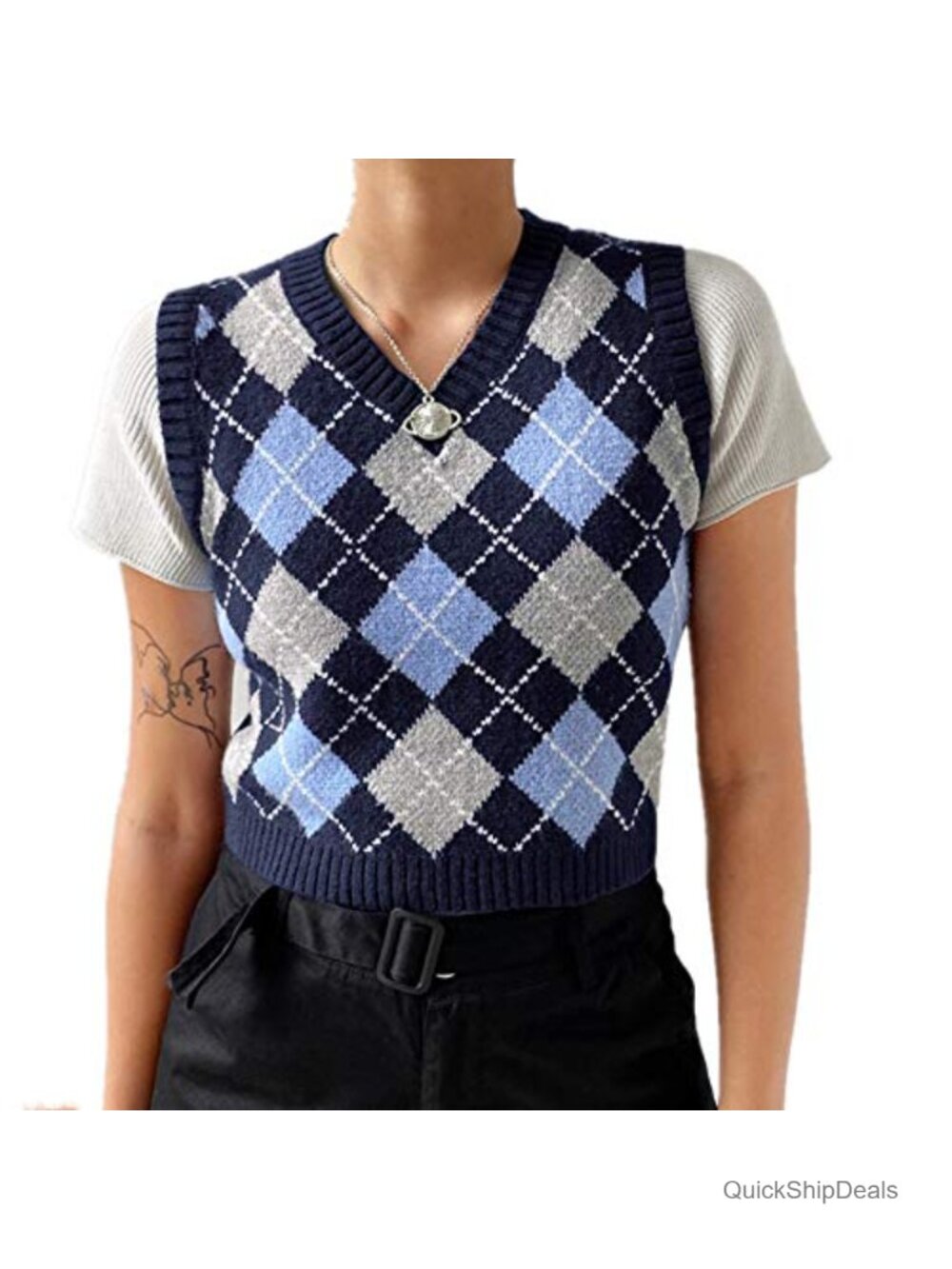 Women's Knitted Sweater Vest Sleeveless V-Neck Crop Tank Top Preppy Plaid